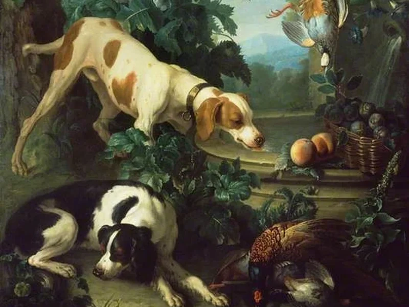 1718-Nicolas Desportes - Due cani e selvaggina morta vicino a una fontana